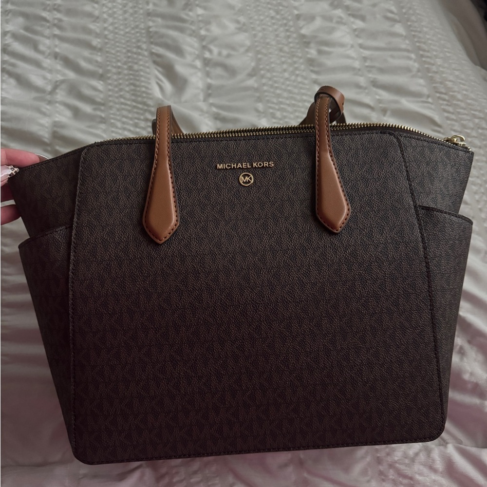 Michael Kors Dark Brown Satchel with Tan Accents